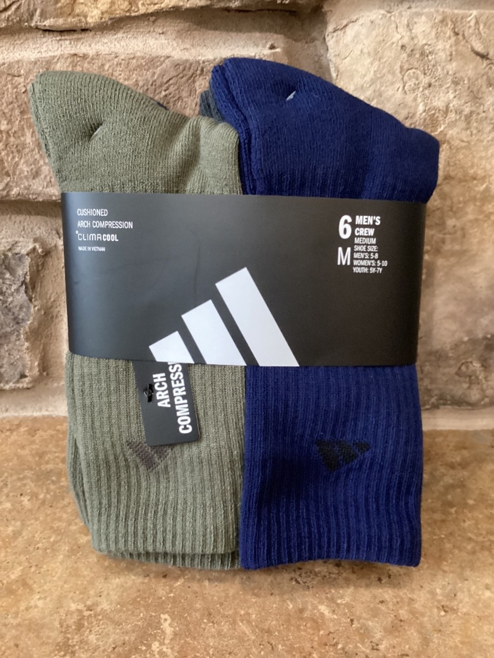 Adidas Mens Crew Pack Of 6 Socks Medium 5-8 Arch Compression Green Gray Blue New